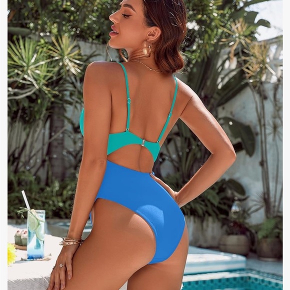 Chic Blue and Teal One-Piece Swimsuit - Picture 2 of 11